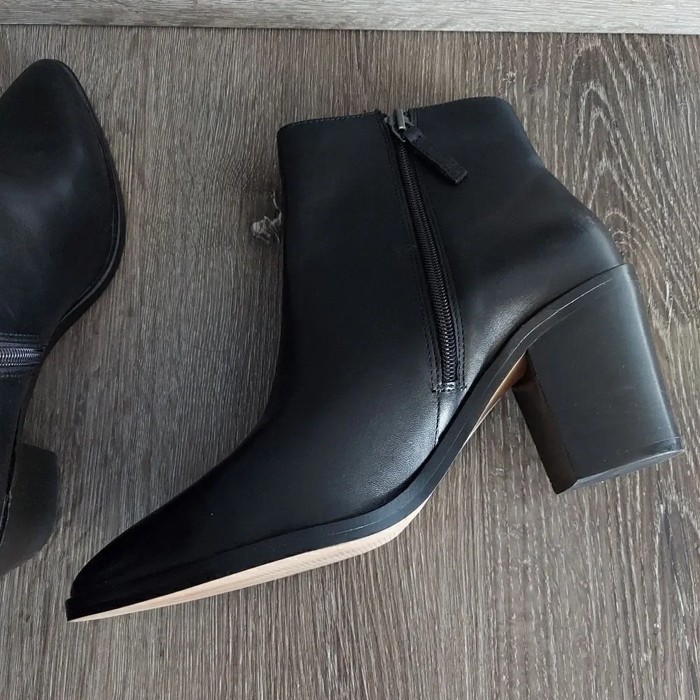 Halogen Bergen Leather Heeled Ankle Boot Black Pointed Toe Mid Calf Women 9.5